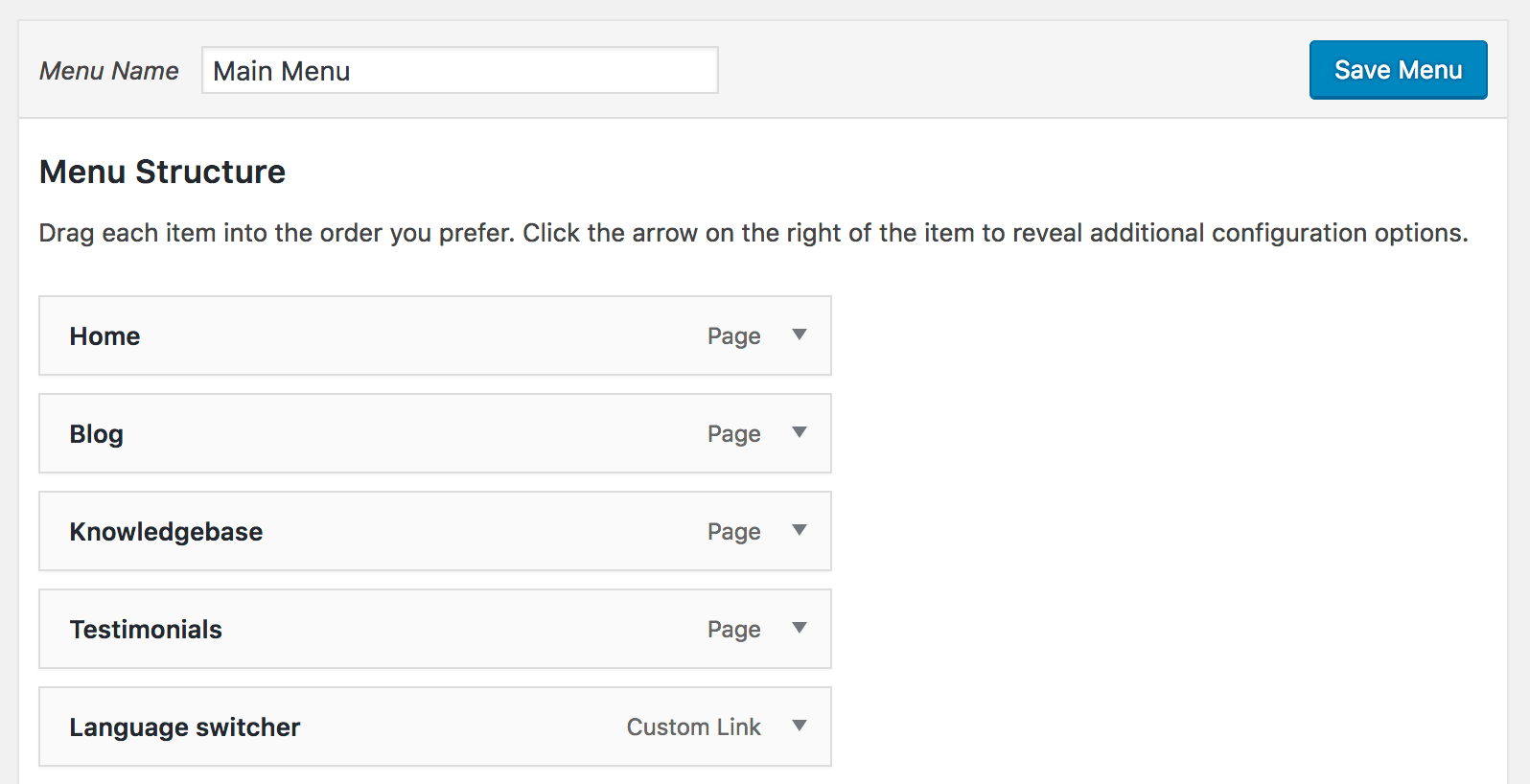 Menu with language switcher option