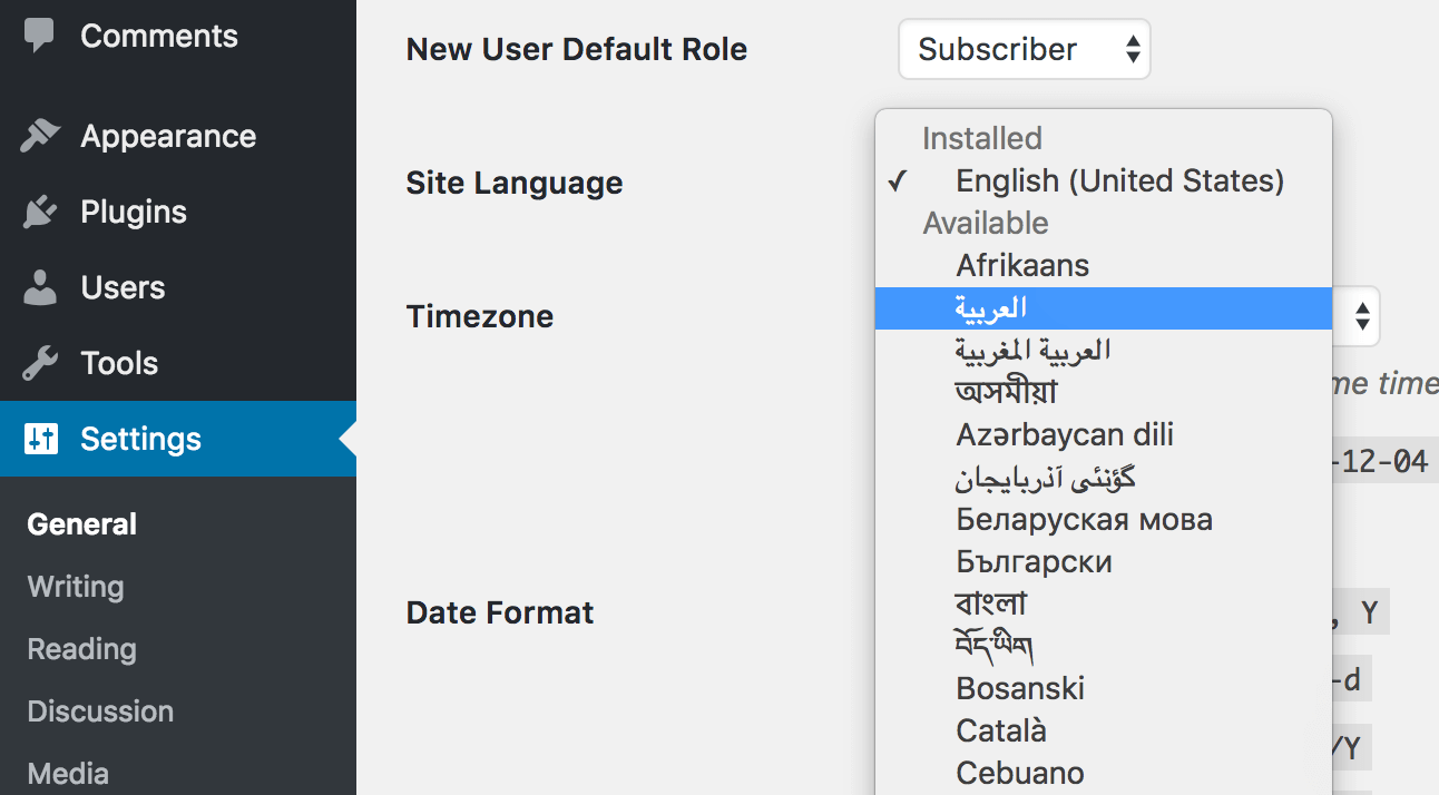 The language drop-down menu within WordPress.