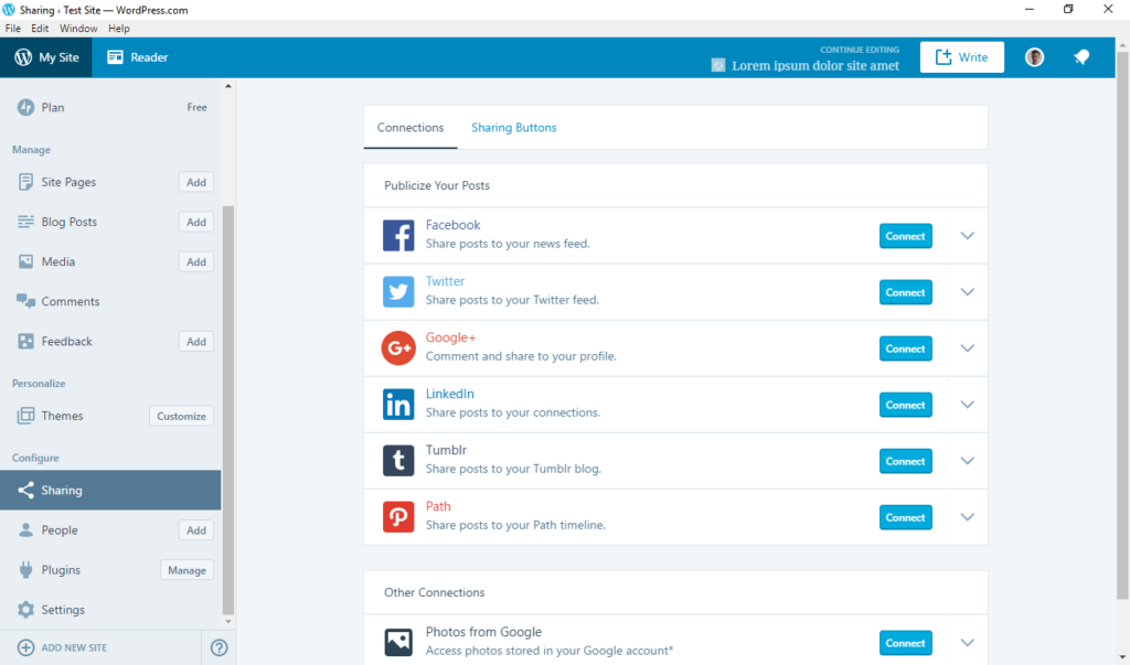 wordpress desktop app configure sharing options