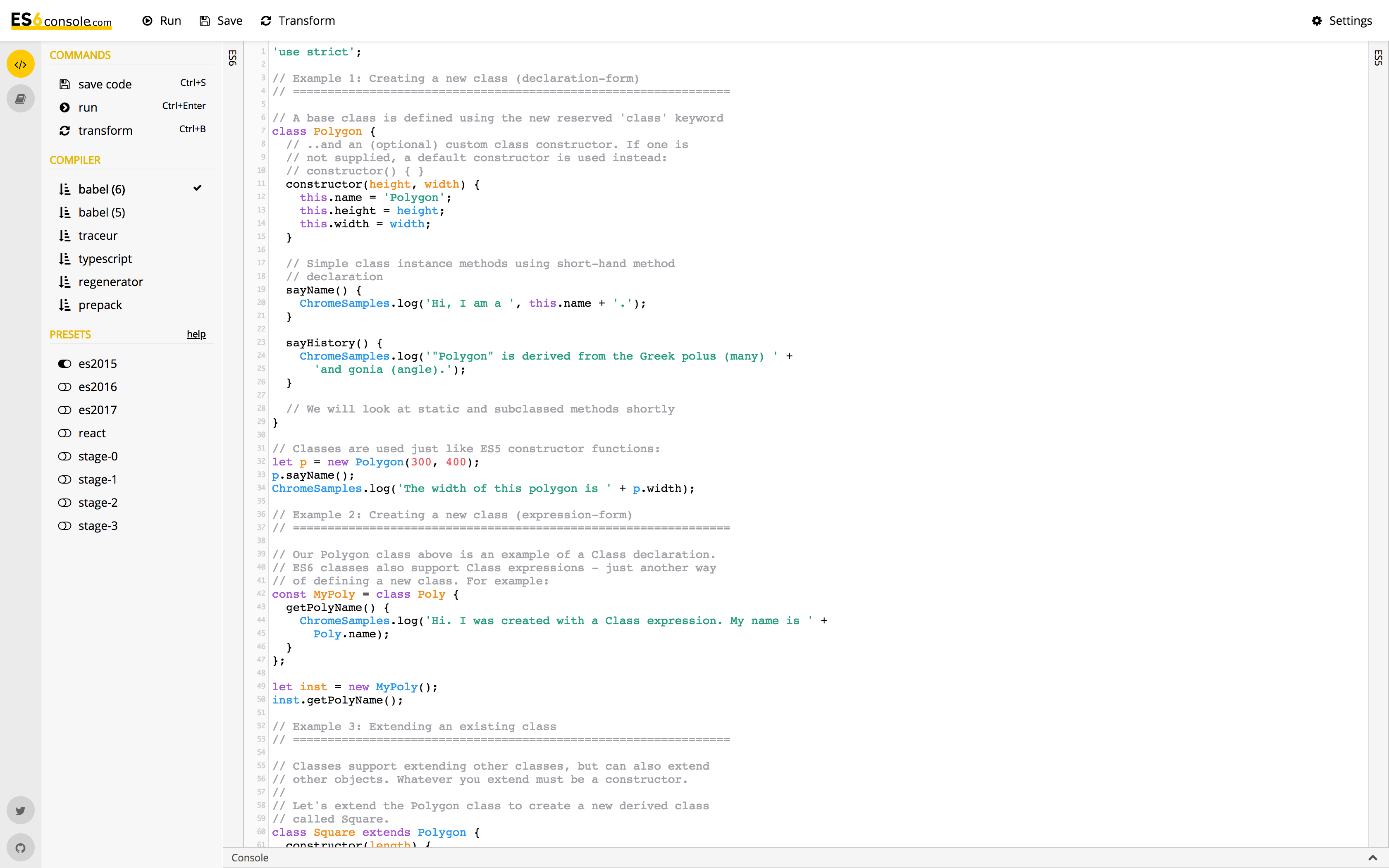 The ES6console home page.