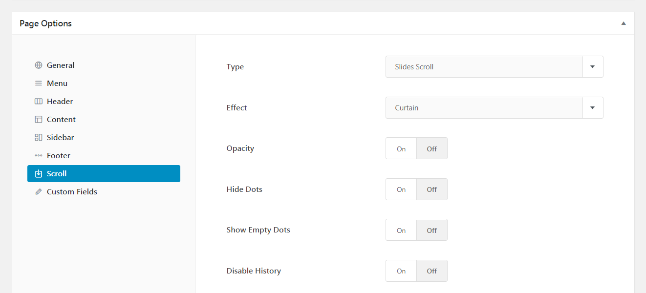 The Uncode Slides Scroll settings.