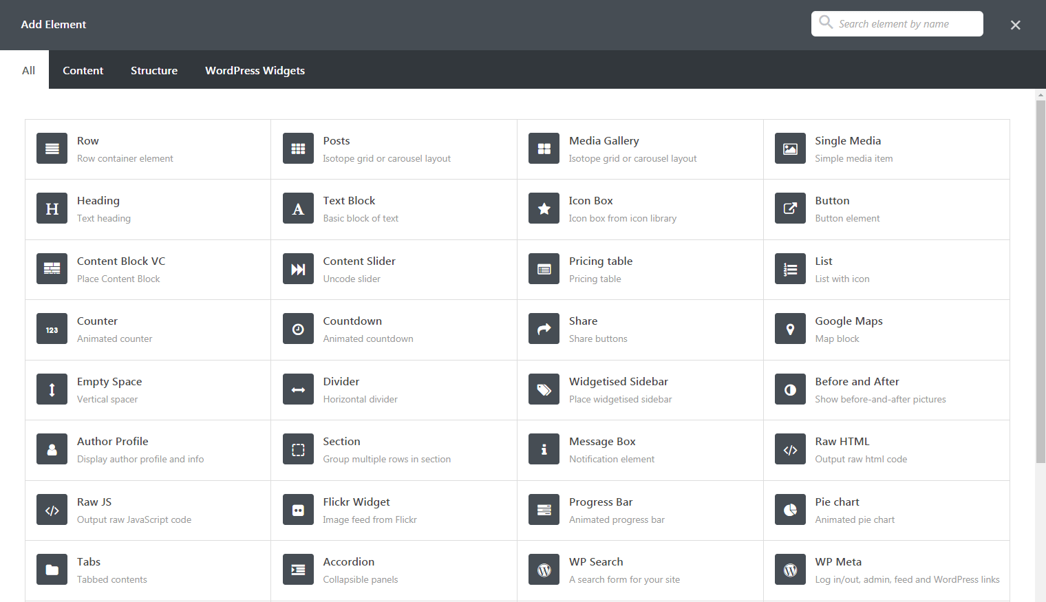 The Uncode Page Builder list of elements.