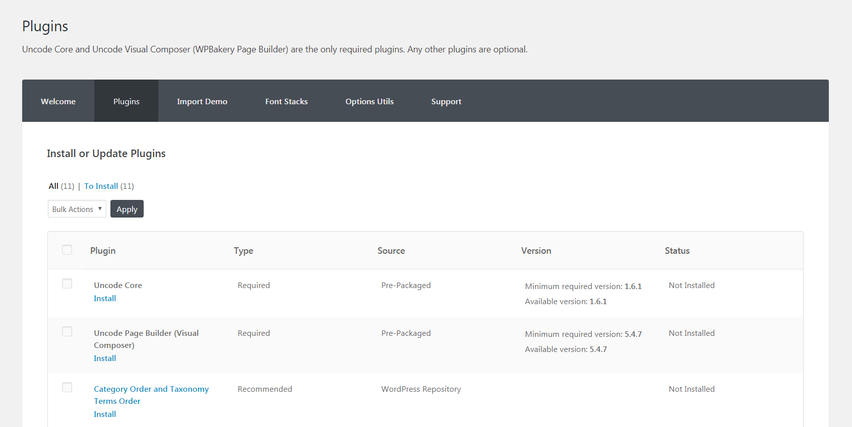 Installing required Uncode plugins.