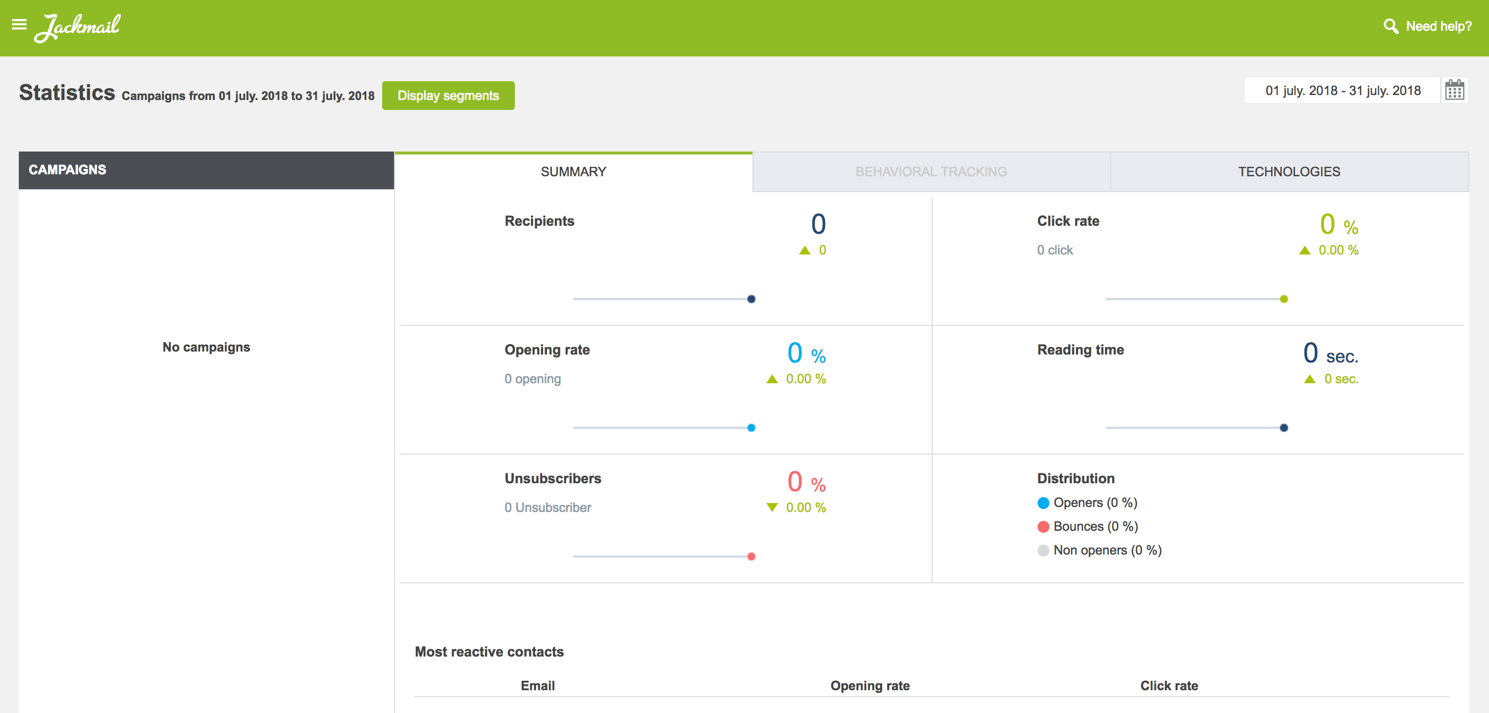 The Statistics screen in Jackmail.