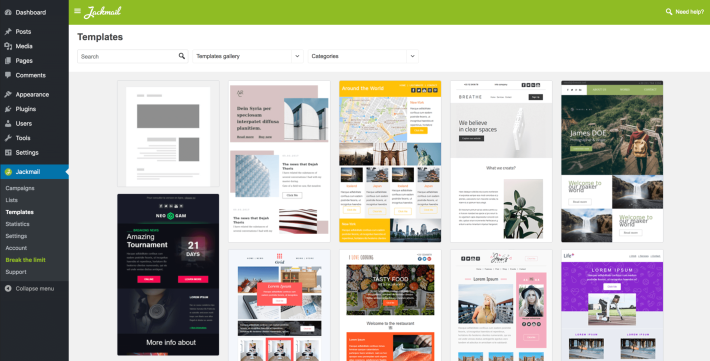 The templates available in Jackmail.