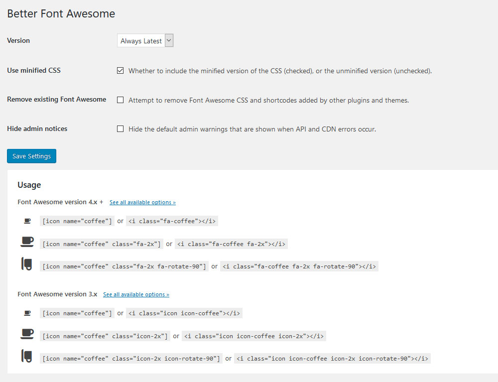 better font awesome plugin settings