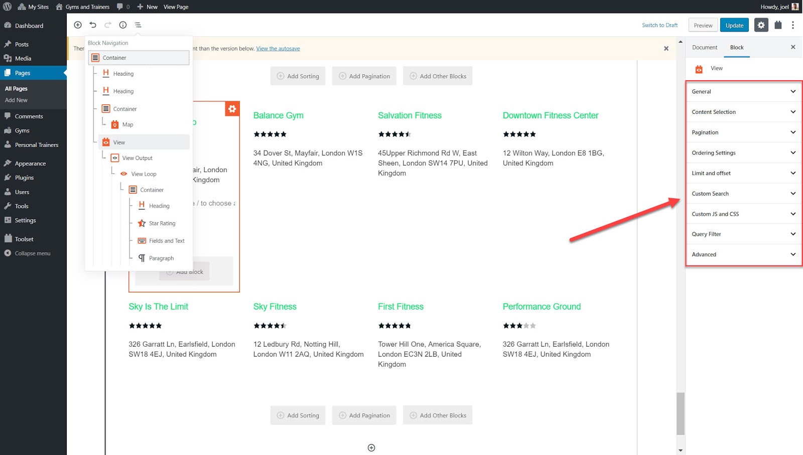 Use the View sidebar to edit blocks
