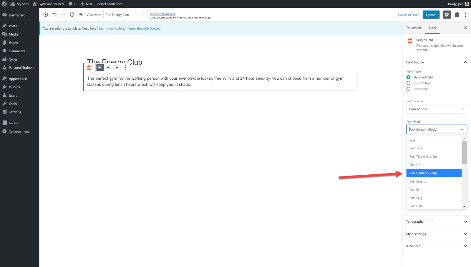 How to choose Post Field and Post Content (body)