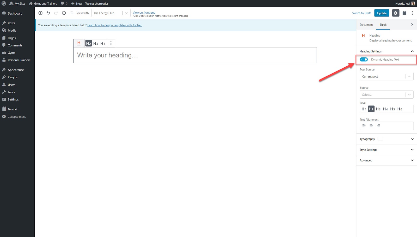 How to turn on Dymanic Heading Text