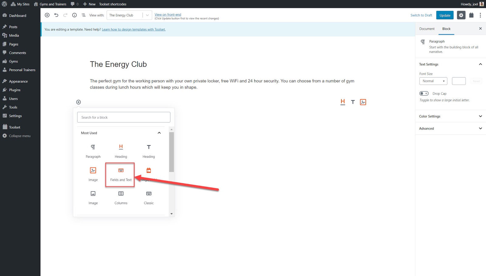 How to create a Fields and Texts block