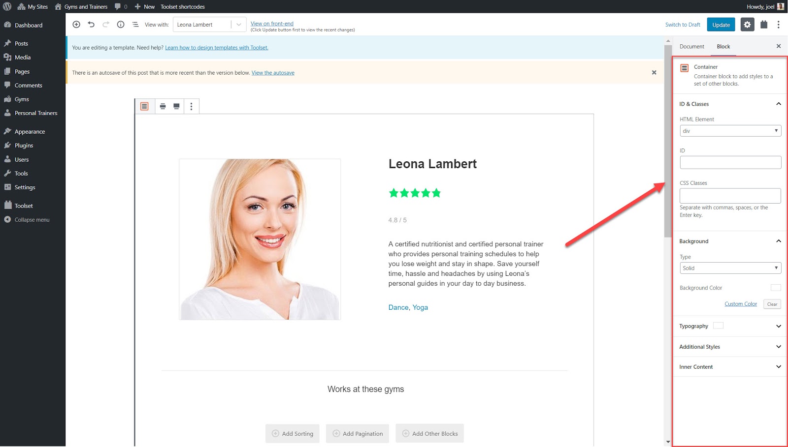 How to edit your container block