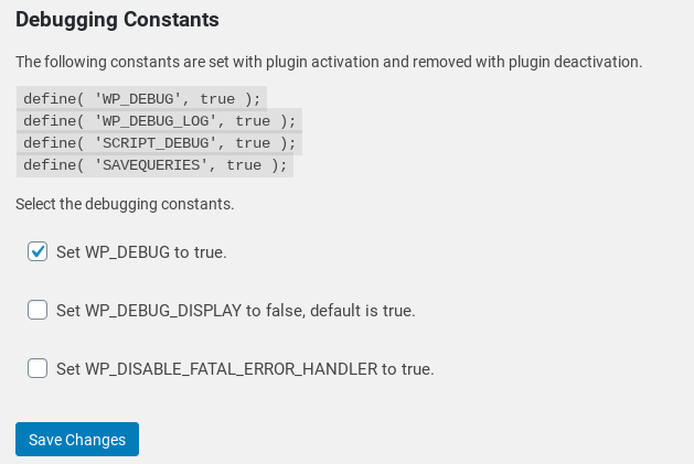 WP Debugging plugin settings.