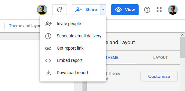 google data studio share options