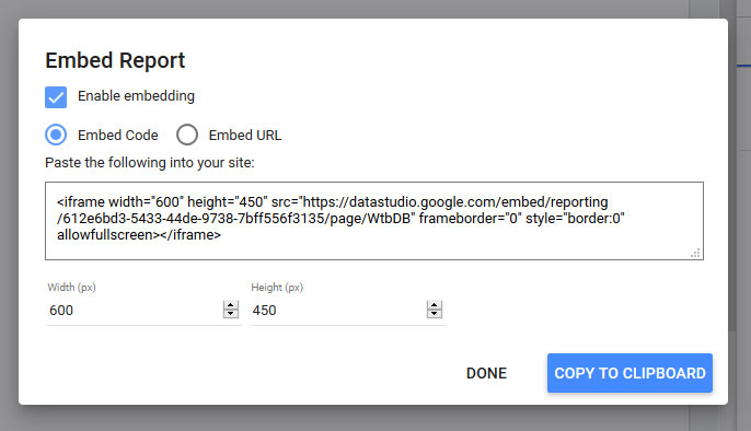 report embed options