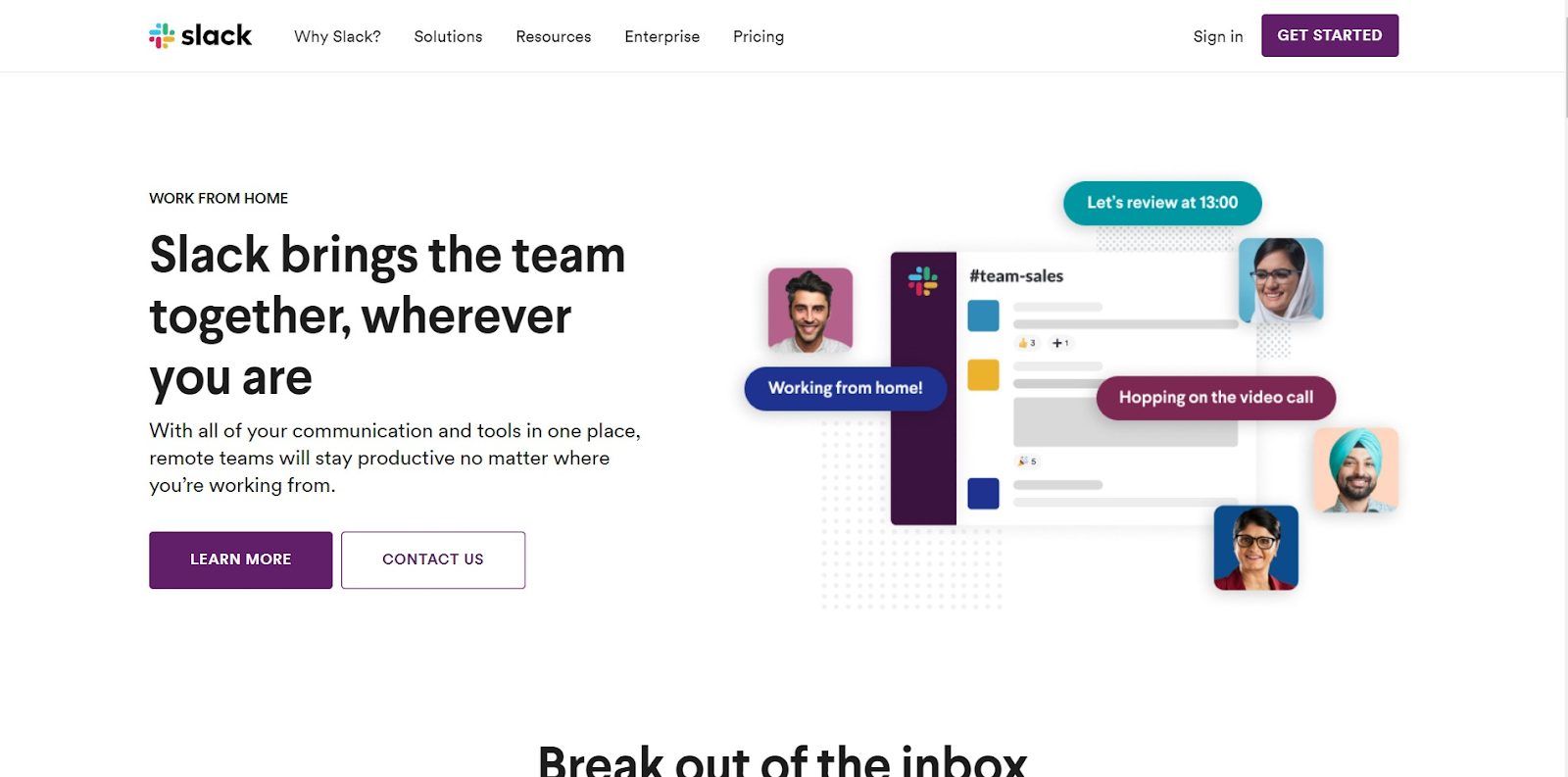 Slack homepage view