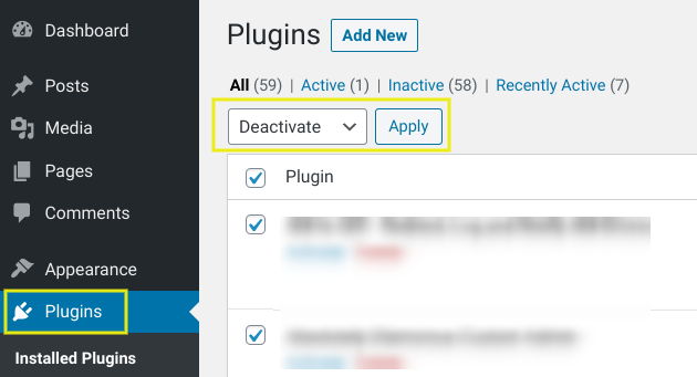 Deactivating WordPress plugins in bulk.