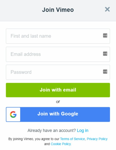 Example of Vimeo signup form