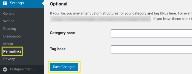 Saving WordPress permalink settings.