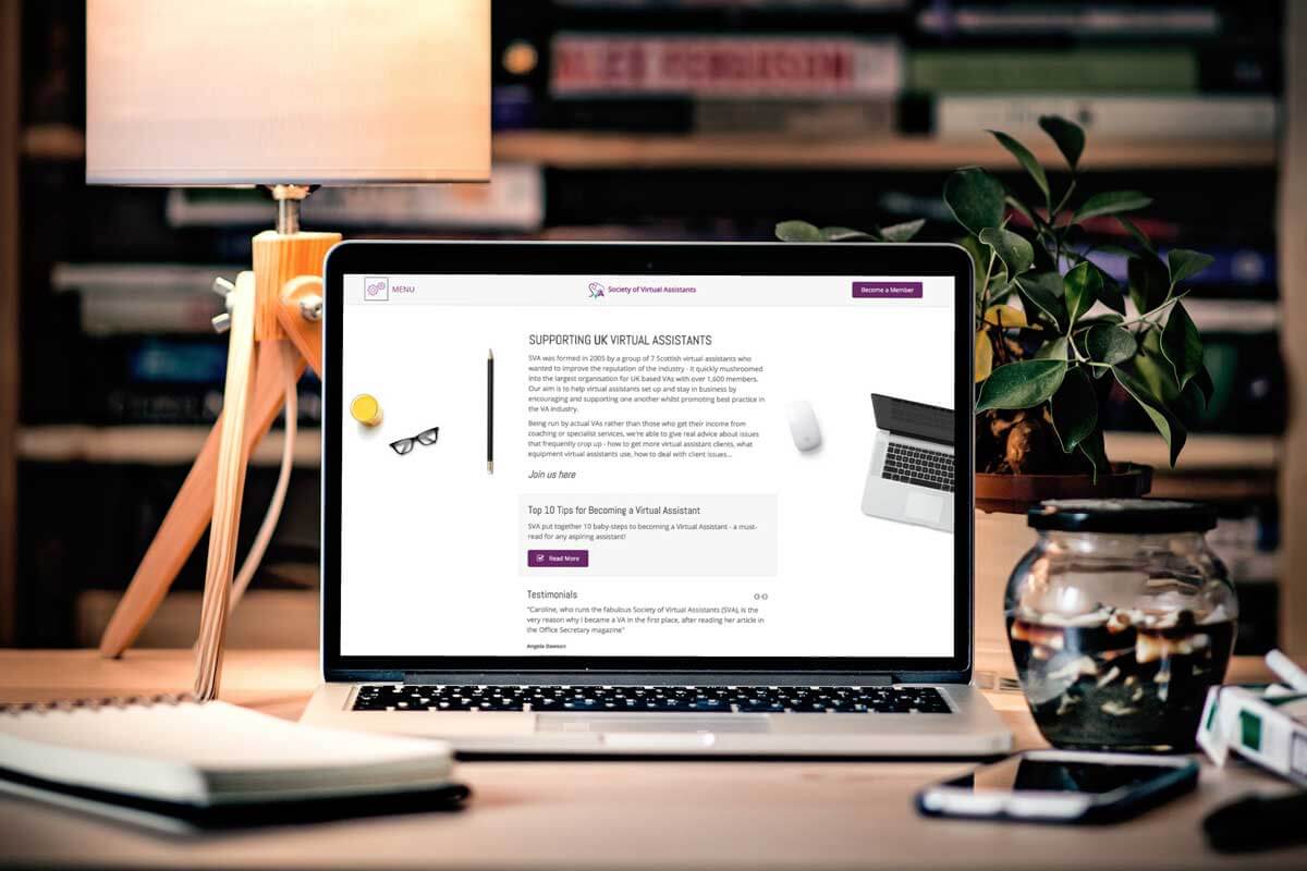 The Society of Virtual Assistants website designed by blue37 on laptop monitor